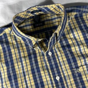Izod mens yellow blue white tartan plaid long sleeve button down shirt - size M